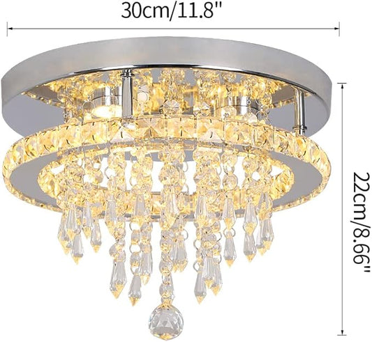 Deckrico Modern K9 Crystal Chandelier 3 LED Lights Stainless Steel Pendant Lamp Flush Mount Light Fixtures for Dining Room Bathroom Bedroom Living Room (Warm White)