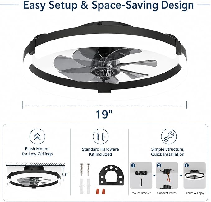 19" Low Profile Ceiling Fan with Lights and Remote, Modern Black Flush Mount Bladeless Ceiling Fan, App Control Smart Fandelier, 6 Speeds Reversible Motor, Dimmable LED Fan Light for Bedroom, Kitchen