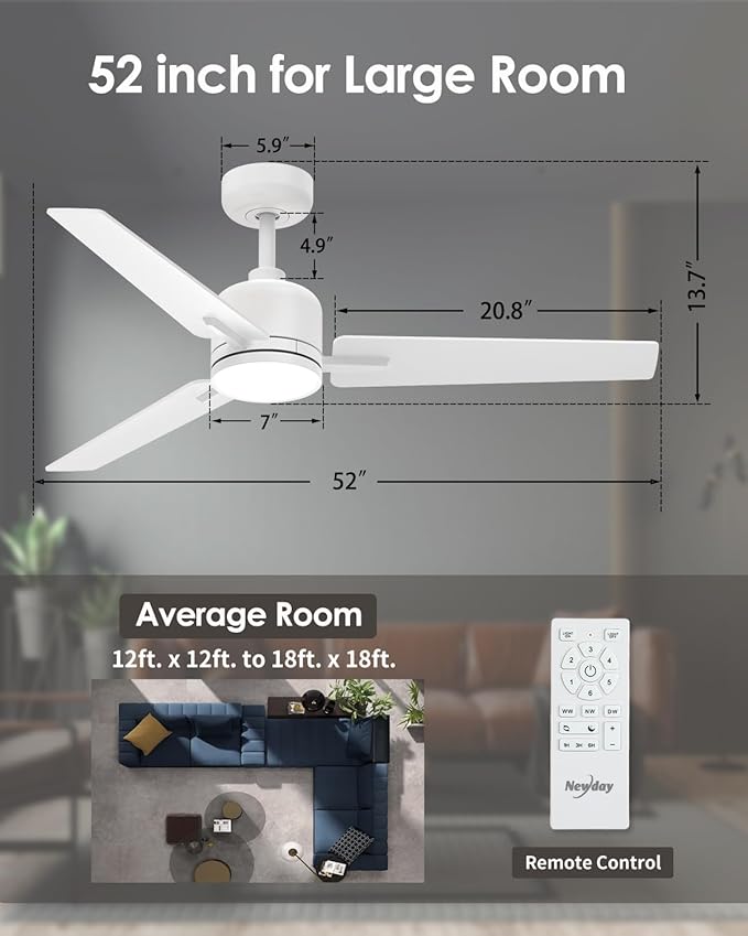 Newday 52 Inch White Ceiling Fan with Lights and Remote, Modern DC Motor Ceiling Fan with 3 Reversible White/Natural Wood Blades, 3CCT Dimmable LED, 6 Speeds, Quiet Fan for Nursery, Bedroom, Patio