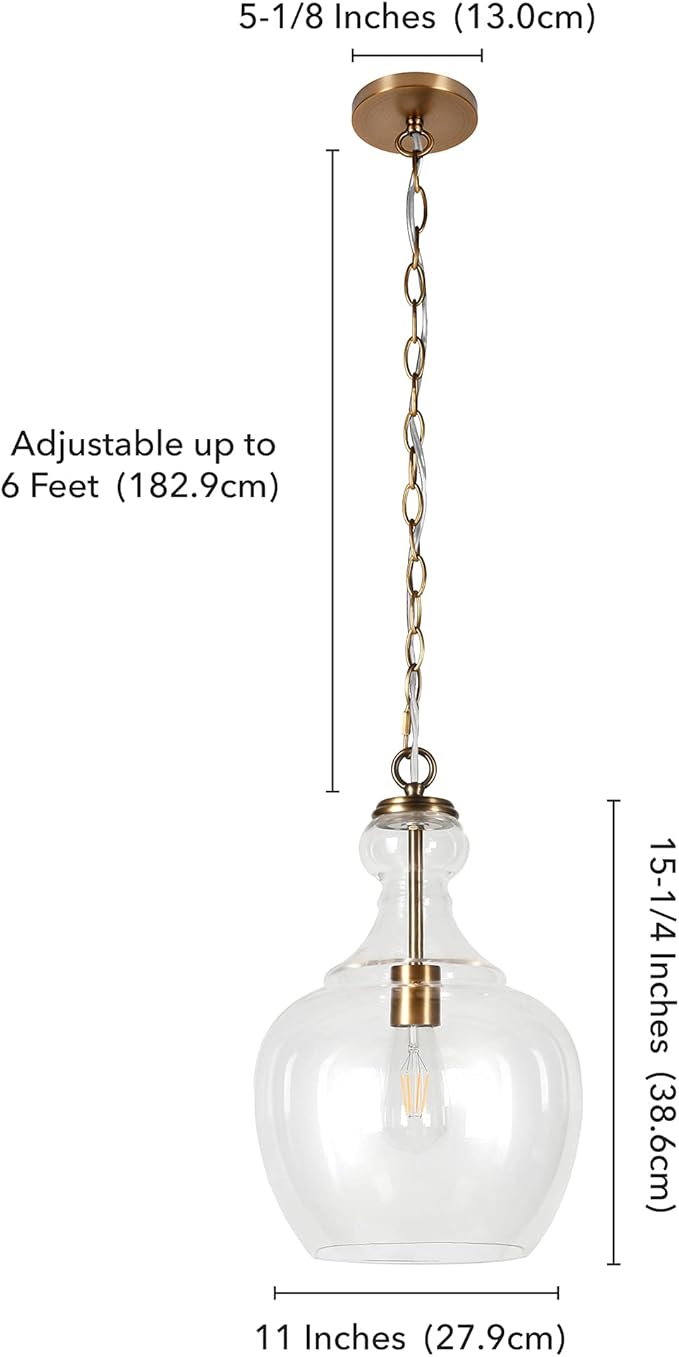 Henn&Hart 11" Mid-Century Modern Pendant Light Fixture with Clear Glass Dome Shade and 6' Adjustable Cord for Kitchen Island, Dining Room or Game Room, Brass
