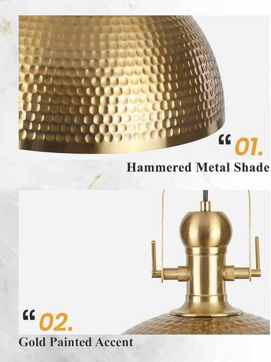 15.7 Inch Gold Pendant Light 2 Pack, Hammered Industrial Pendant Lights,Fixtures Adjustable Height Dome Pendant Light for Dining Room Bedroom Bar