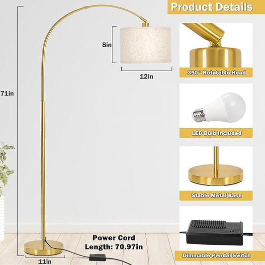 Gold Arc Floor Lamp, Dimmable Floor Lamp for Living Room, Mordern Standing Light with Adjustable Lamp Head, Tall Pole Lamp Over Couch Arched Light for Reading, Bedroom, Office, 9W LED Bulb Included