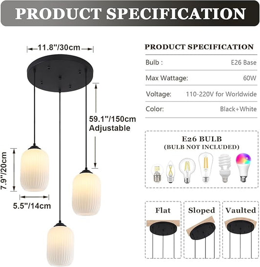 Small 3 Light Cluster Chandelier White and Black Glass Cylinder Pendant Light Vintage Milk Glass Chandelier Mid Century Modern Kitchen Island Pendant Light Stairwell Lighting Fixtures