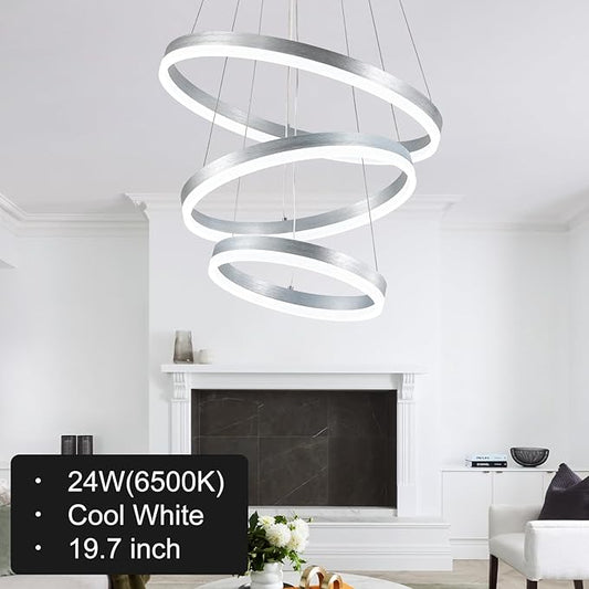 Buccleuch Dimmable 3-Ring LED Chandelier, Height Adjustable Modern Silver Pendant Light, ETL-Certified Flush Mount Acrylic Ceiling Light for Dining Room Living Room Bedroom Foyer, 6000K