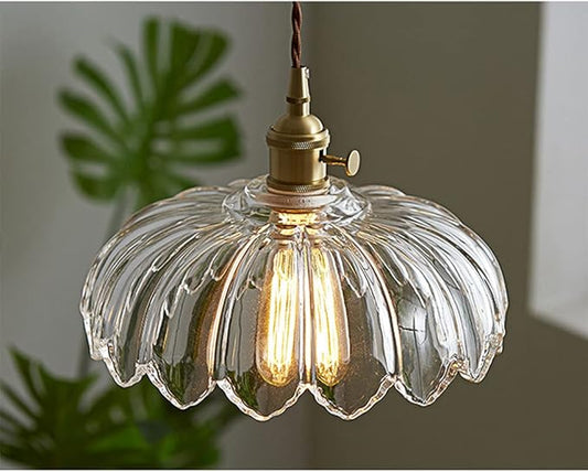 LITFAD Scalloped Glass Flower Ceiling Hanging Light Industrial Single Dining Room Hanging Pendant Light Retro Pendant Lamp for Restaurant Hallway Kitchen Dining Room - 110V-120V Clear