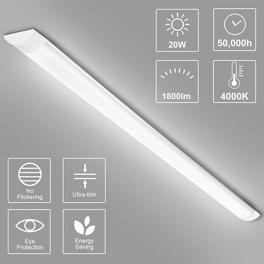 8-Pack 2FT LED Batten, Close to Ceiling Light fixtures, 20W, Ultra-Thin Day Light, 4000K, IP20, LED Ceiling Light for Garage, Stores, Warehouse, Office, Corridor, supermarkets, etc.