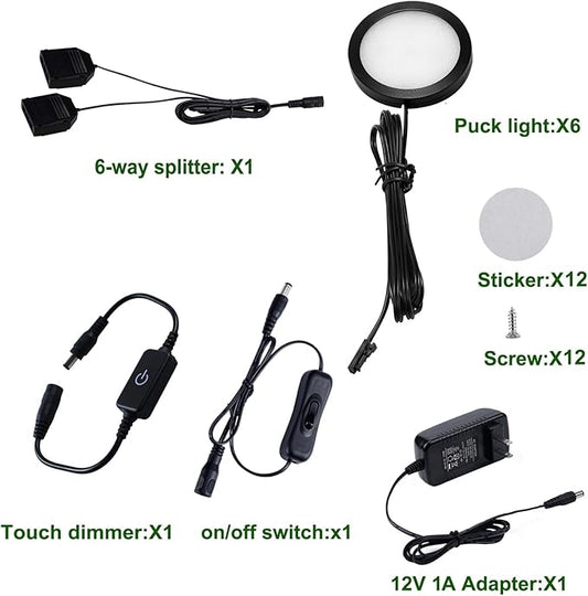 AIBOO Under Cabinet LED Black Cover Puck Lighting Kit with Touch Dimmer Switch for Kitchen Cupboard Closet Lighting (6 Lights,Warm White)