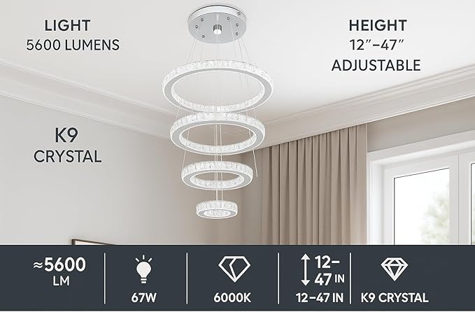 LED Chandeliers, Modern Crystal Chandelier Dining Room Living Room LED Ceiling Pendant Light 4 Rings Adjustable Stainless Steel Contemporary Chandeliers (4r Cool White)