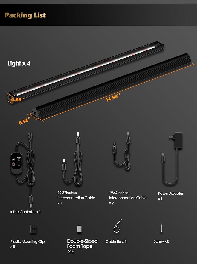 Smart Grow Light for Indoor Plants,3500K Full Spectrum LED Plant Light Strips with 3/9/12H Auto Timer,Stepless Dimming,Modular Design,Plug and Play (Black, 4 Pack)