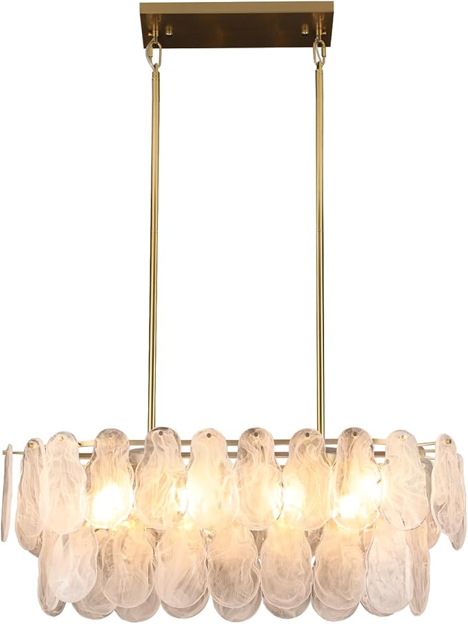 Gold Crystal Chandelier Rectangular Pendant Lighting 8-Light Crystal Chandeliers for Kitchen Island Cloud Glass 2-Tier Light Fixture for Dining Room, Living Room, Kitchen
