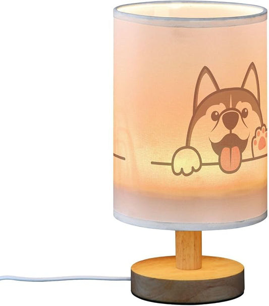 Cute Siberian Husky Dog Peeking Cartoon Animal Table Lamp with Wood Base Fabric Lamp Shade Bedside Nightstand Desk Lamp for Living Room Bedroom Kids Room Office