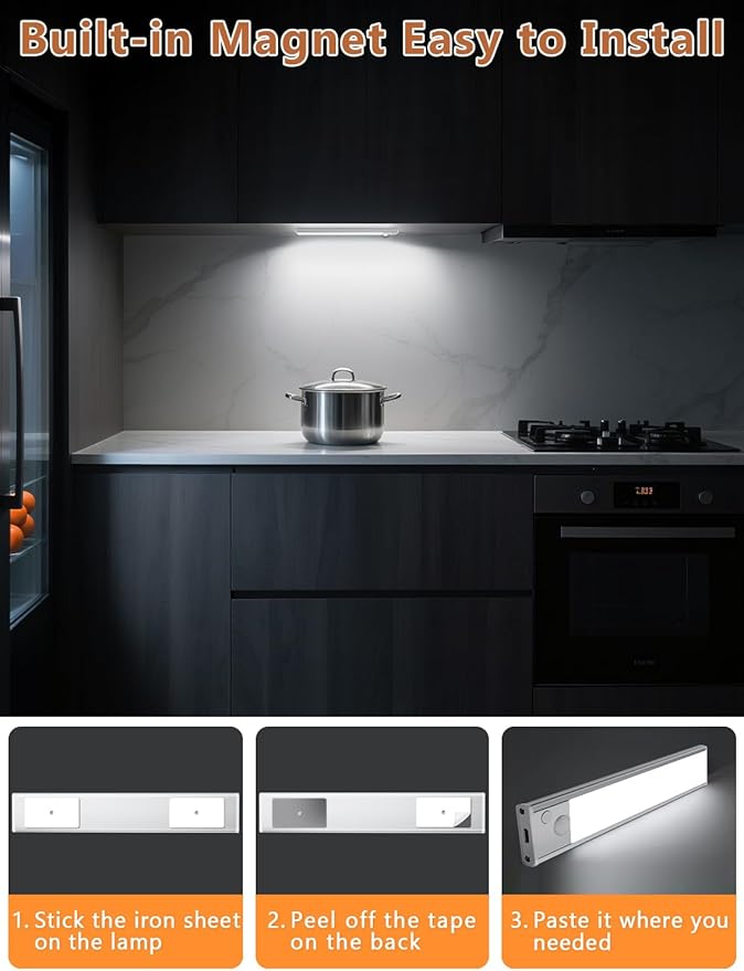 Under Cabinet Motion Sensor Lighting: 8 Inch Dimmable Rechargeable Lights Indoor - Battery Operated Lights - Undercabinet Closet Light Magnetic Led Light for Kitchen Home Bathroom Counter 6 Pack