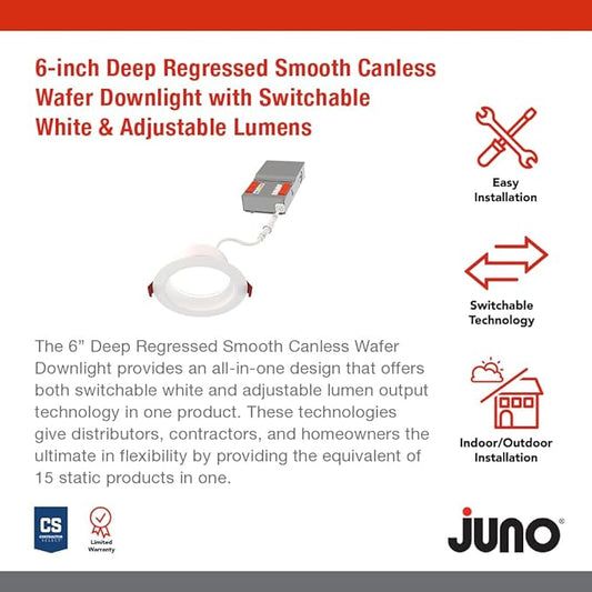 Juno LED Recessed Lights 6 Inch Round Wafer Downlight, 5-in-1 Switchable White Color Temperature, Adjustable Brightness, Deep Regressed Smooth Trim, 6-Inch, Matte White