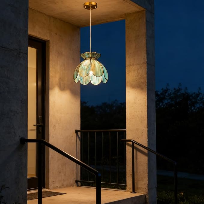 Brass Glass Ceiling Pendant Light, Hanging Chain lamp, with Vintage Lotus Flower Glass Shade for Kitchen Island Dining Room Bedroom Living Room-12 Stained Glass Shade