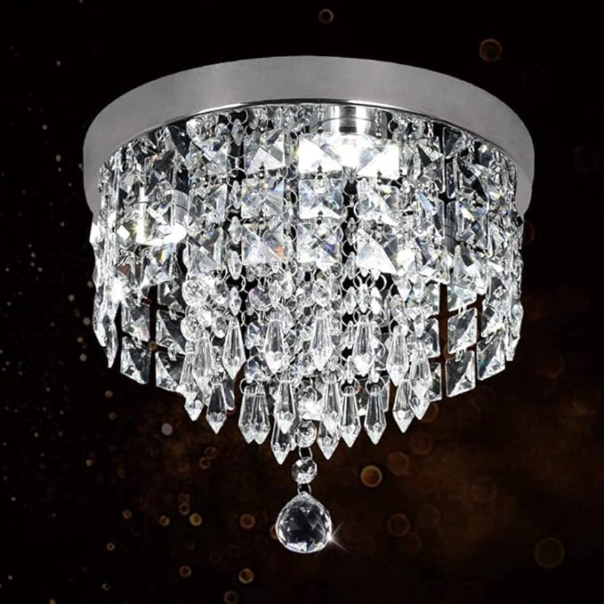 Deckrico Crystal Chandelier Modern Led Ceiling Light Flush Mount Stainless Steel Fixture Beaded Light Shade for Bedroom Dining Room Hallway Porch (White Light)