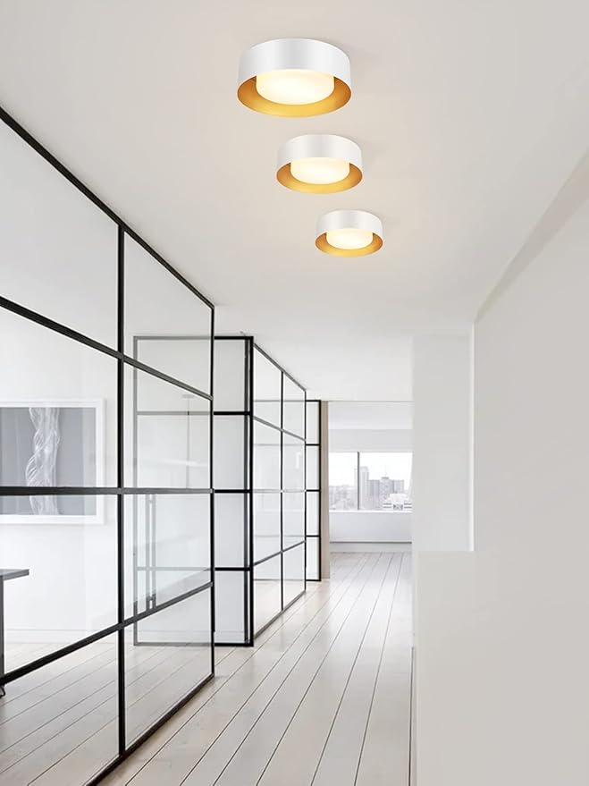 Yiisem Modern White and Gold Flush Mount Ceiling Lights, Glass Round Ceiling Lighting, Minimalist Drum Close to Ceiling Light Fixtures for Bedroom, Dining Room, Bathroom, Hallways, Living Room