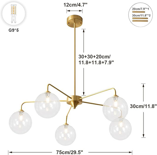 Mid Century Modern Sputnik Chandelier Brass 5 Light Gold Chandelier Clear Glass Globe Sputnik Chandelier for Dining Room Bedroom Kitchen