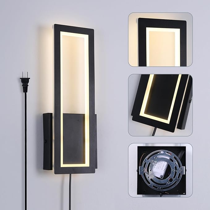 Modern Wall sconces Set of Two Indoor LED Simple Wall Fixture Black Plug in Wall Lights for Living Room Bedroom Hallway Stairs