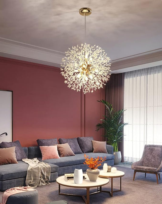 Gold Crystal Chandeliers 12-Light Modern Dandelion Light Fixture,Firework Chandelier,Personalized Ceiling Hanging Lighting for Bedroom,Dining Room,Living Room Chandelier