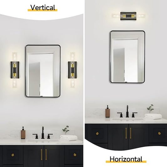 19" Black and Gold Wall Sconce,Modern Bathroom Light Fixtures,2-Light Vanity Lights for Mirror,Indoor Wall Lamp Wall Mount Hardwired Light for Bedroom with Clear Glass,E26 Base,1 Pack