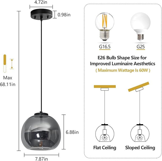 Mirror Smoke Gray Glass Pendant Lights Kitchen Island Black Hanging Light Fixture 7.87" Glass Globe Pendant Light Modern Pendant Lighting for Kitchen Island Bedroom Dining Room (7.87", 1 Pack)