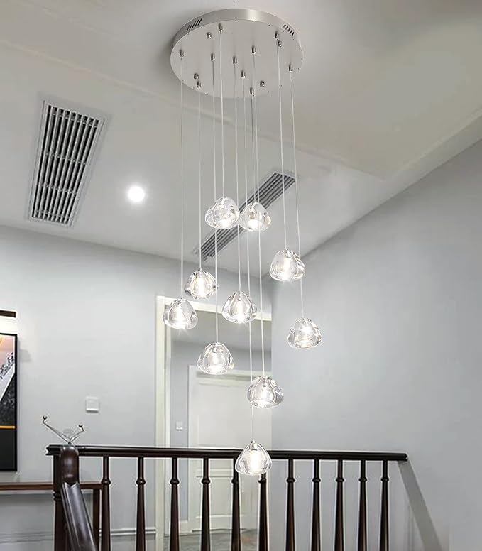 HAIXIANG Glam Chandelier with LED Dimmable Bulbs Bubble Crystal Balls Glam Chandeliers High Ceiling Pendants Light Fixtures Adjustable Long Lights Brushed Nickel