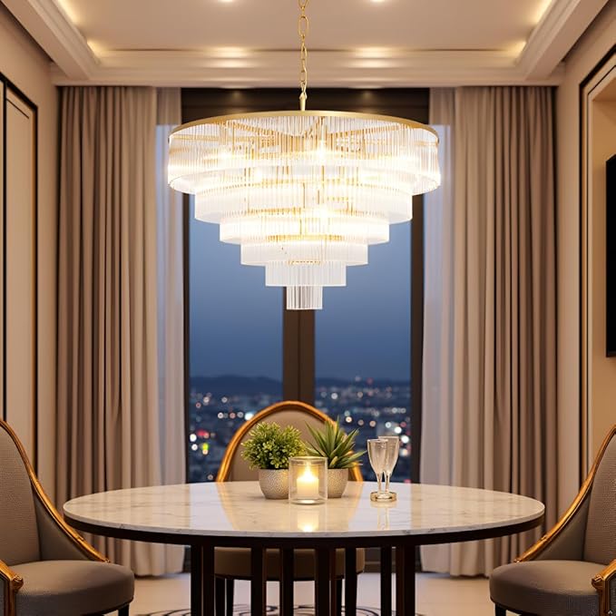 Modern Multi-Tier Crystal Chandelier 6-Tier Round Gold Finish Ceiling Light -Cylindrical Glass Rods -Dining Room Living Room Bedroom Entryway -Luxury Lighting Fixture 35.5''