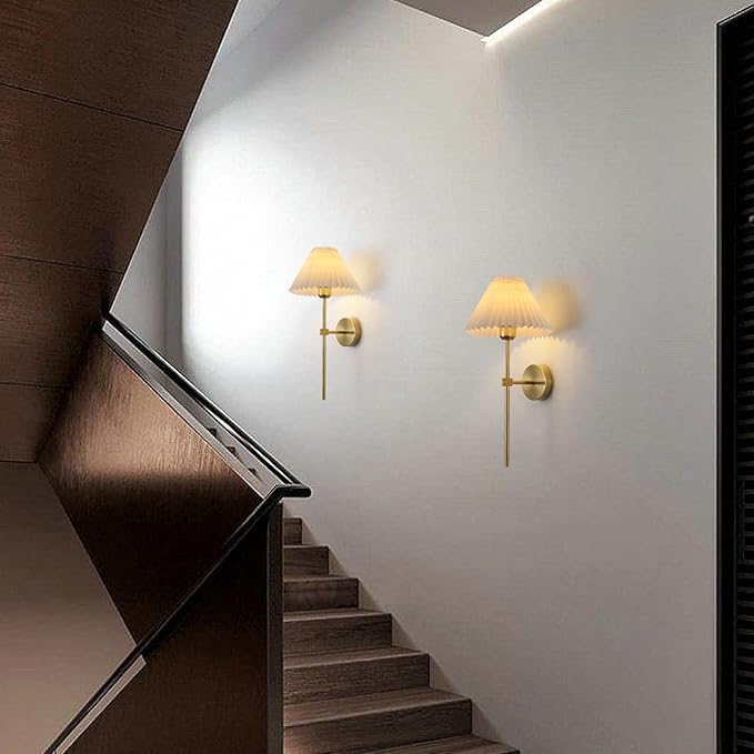 KELUOLY Wall Sconces Sets of 2 White Fabric lampshade Gold Wall Lamp Column Bracket Wall Lighting Bathroom Dresser Hardwired lamp Applicable to Living Room Bedroom Dining Room