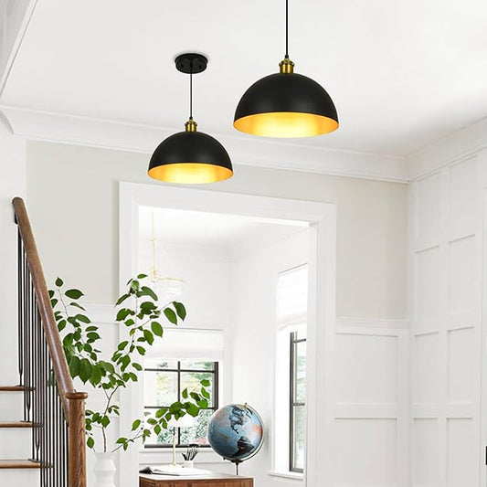 Pendant Lights Kitchen Island - 12-Inch Farmhouse Dome Hanging Light Fixture, Black and Gold Industrial Ceiling Light Adjustable Kitchen Pendant Lighting for Dining Room, Bedroom, Living Rooms
