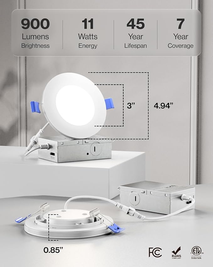 Sunco 24 Pack 4 Inch LED Recessed Lights with Night Light, Slim Ceiling Lighting, 900 LM, 11W (110W Equiv), Selectable CCT 2700K/3000K/3500K/4000K/5000K, Dimmable, Canless with Junction Box ETL
