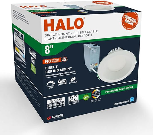 HALO LCR 8 in Canless LED Recessed Ceiling Light, 50W Dimmable Downlight with 6 Selectable CCT 2700K-6500K, 5000 Lumens, Wet Location, IC Rated, Matte White Finish - LCR850RD9FSE010