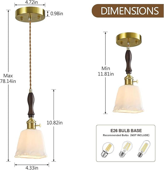 Mini Pendant Light Milky White Glass Pendant Lights Vintage Brass Pendant Lighting Kitchen Island Hanging Lamp with Wood Handle for Bedroom Dining Room (2 Pack)