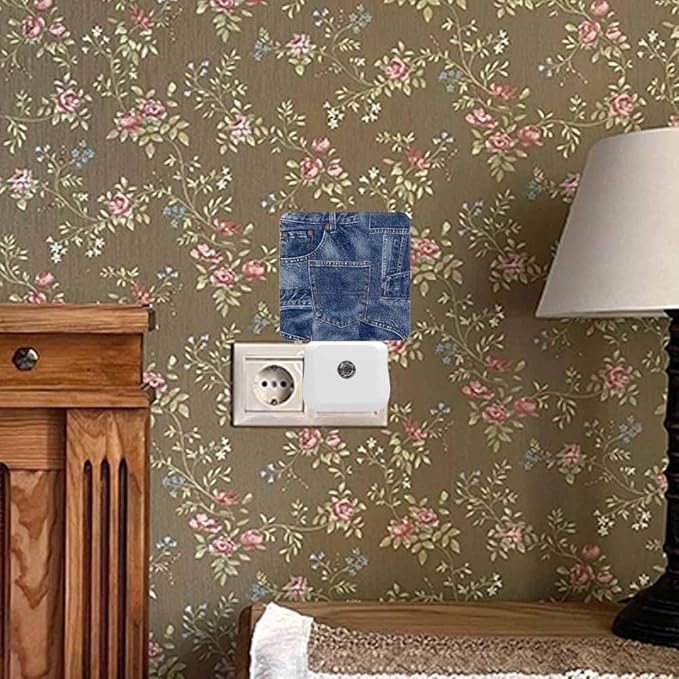 Denim Patchwork Night Light Plug-into Wall Indigo Blue Nightlight Lamp with Dusk to Dawn Sensor, Led Lamp 0.5W Energy Efficient for Home Decor