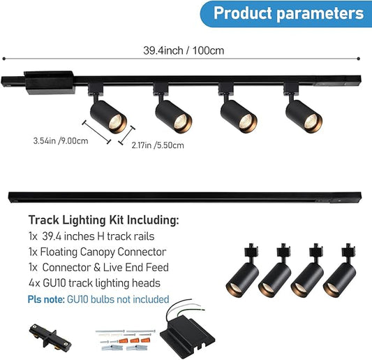 4-Light LED Track Lighting Kit with 3.3FT H Track Lighting Rails & Floating Canopy Connector, GU10 Track Light Kit, Modern Kitchen Track Lighting Fixtures Ceiling Spot Light, Black (No Bulbs)