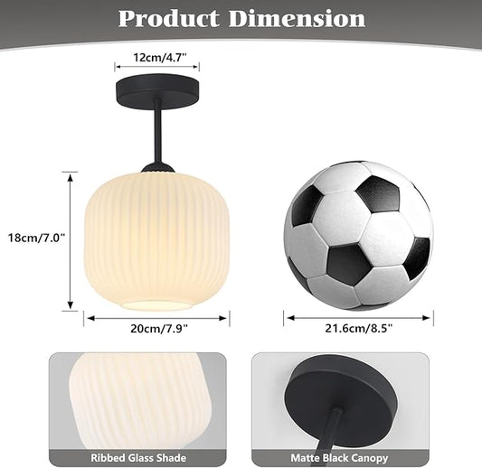 Small Milk Ribbed Glass Flush Mount Ceiling Light Nordic White Ceiling Lights Mid Century Modern Globe Semi Flush Mount Ceiling Light Fixture for Kitchen Hallway (2 Pack)