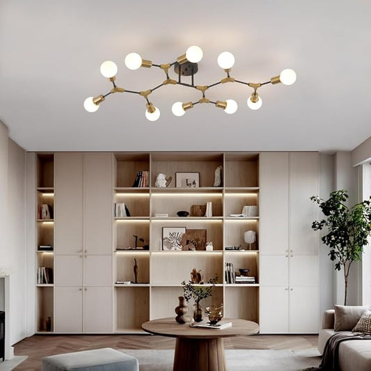 Mid Centur Modern 10 Light Semi Flush Mount Ceiling Lighting Fixture for Dining Room Living Room Bedroom Aisle Kitchen Restaurant,Metal Gold and Black Sputnik Chandelier