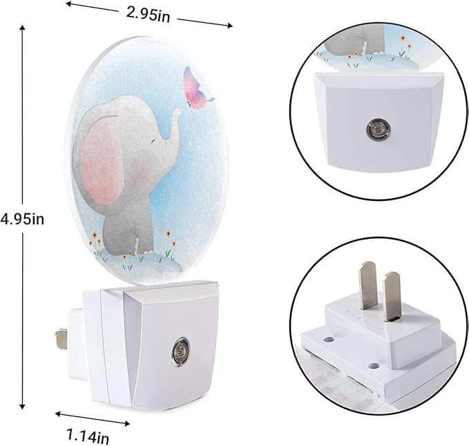 EKOBLA Plug-in Cute Elephant Night Light, Watercolor Elephant & Butterfly Design, Dusk to Dawn Sensor, Safari Animal Nightlight Decor for Boys Girls Bedroom Bathroom
