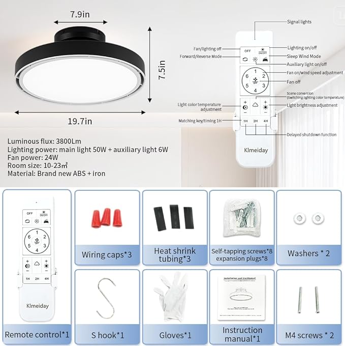 Bladeless Ceiling Fans with Lights and Remote, Flush Mount Modern Ceiling Fan with Light, 6 Speeds, Stepless dimming & 3000-6000K CCT LED Lights for Bedroom, Living Room (Black)