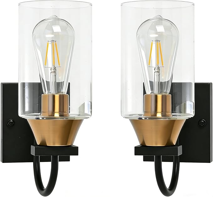 Bathroom Wall Sconces Set of 2,Black and Gold Farmhouse Lantern Sconces Set of 2,Side Light for Wall,Modern Hallway Wall Light(2 Pack) No Bulbs