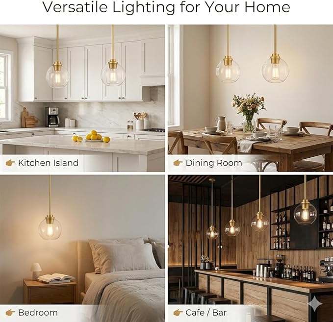 Gold Pendant Light, 7 Inch Clear Glass Farmhouse Hanging Fixture, Adjustable Height & Sloped Ceiling Compatible for Kitchen Island Dining Room Entryway Bedroom Hallway, 2 Pack