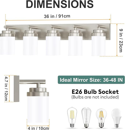 IZORRO Bathroom Vanity Light Fixture, 5-Light 36 Inch Brushed Nickel Bathroom Light Fixtures Over Mirror, with White Glass Shade, Modern Farmhouse Vanity Lights, Rustic Restroom Lighting Fixtures