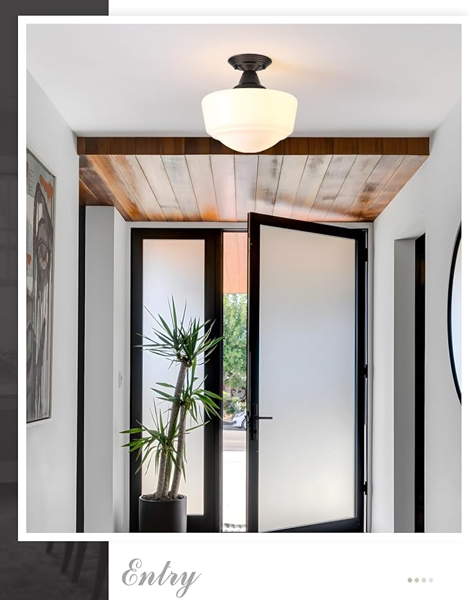 Schoolhouse Light Fixture, 12 Inch Black Finish with Milk Glass Semi Flush Mount Ceiling Light, Ceiling Light Fixture for Kitchen Hallway Entryway