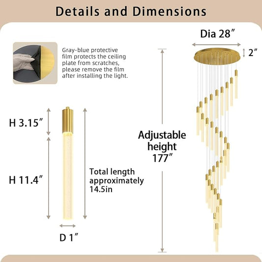 D28inxH177in Long Crystal Column Chandelier Extra Large Staircase Chandelier for High Ceiling Gold 30-Lights Dimmable LED Pendant Lighting Foyer Entryway Light Source is Replaceable