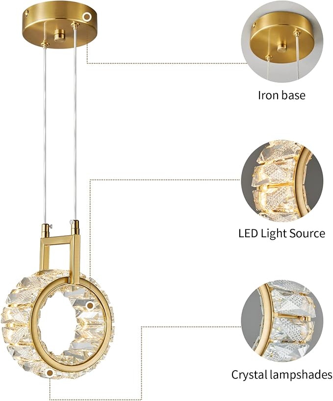 Kitchen Island Mini Light Fixture Modern Led Crystal Pendant Light Gold Round Chandelier for Dining Room Living Room Kitchen Bedroom Bar(1-Pack)