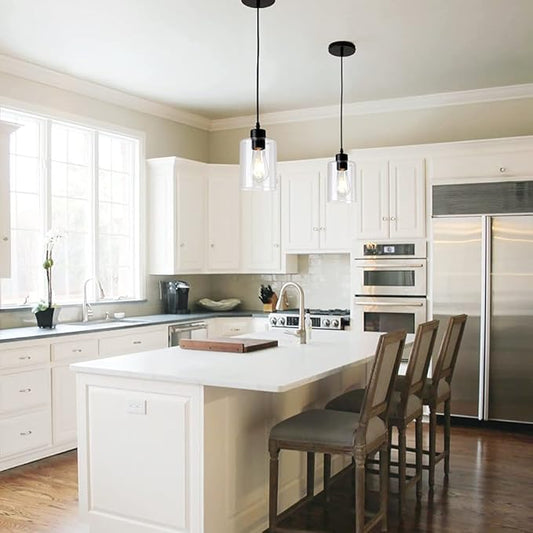 Modern Black Farmhouse Clear Glass Cylinder Pendant Light Fixture,Island Lights for Kitchen,Mini Pendant Lighting for Kitchen Island Decor - 4.75 Inch Shade 58 Inch Cord (Black 2 Pack)