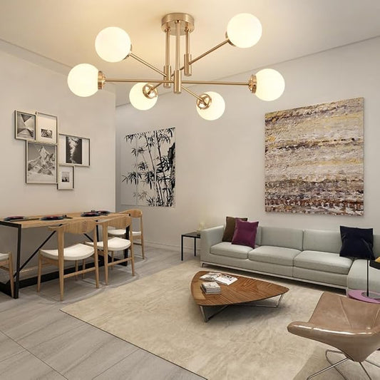 Biewalk Gold Sputnik Chandelier, Modern Globe Chandelier Light Fixture with Glass Globe Shade, Mid Century Ceiling Light 6-Light for Living Room Dining Room