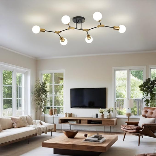 Modern Mid Centur 6 Light Semi Flush Mount Ceiling Lighting Fixture for Living Room Bedroom Dining Room Hallway Kitchen Office,Minimalist Gold and Black Sputnik Chandelier