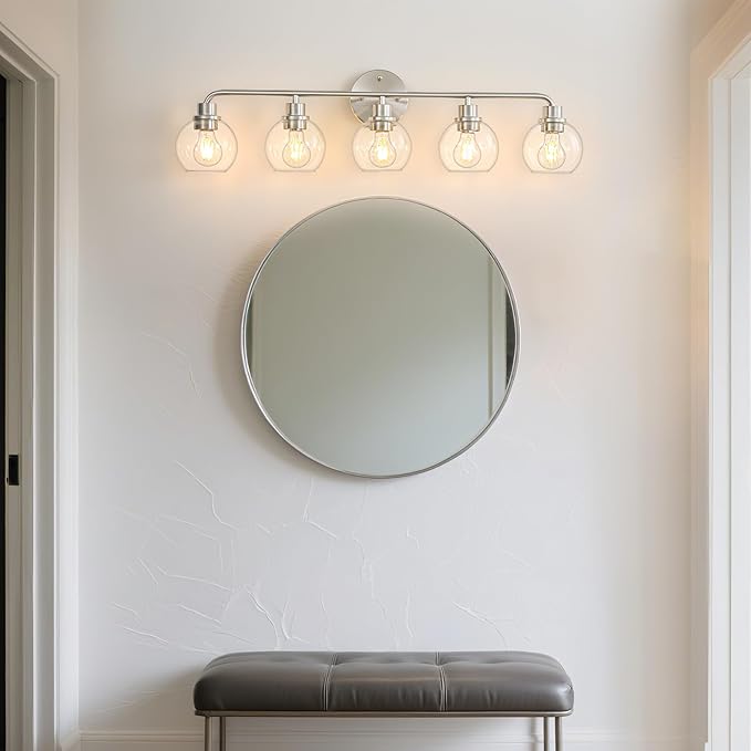 Bathroom Light Fixtures 5 Light Brushed Nickel Vanity Light Silver Modern Wall Sconces Lighting Bathroom Lights with Globe Glass Shade Bath Wall Lights for Mirror Kitchen Living Room Hallway 34.5"