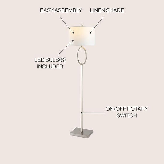 JONATHAN Y 61" Nickel Metal LED Floor Lamp for Living Room Modern Hoop Design Standing Lamp, White Linen Drum Shade, Bedroom Home Office, LED Bulb Included (JYL1089C)