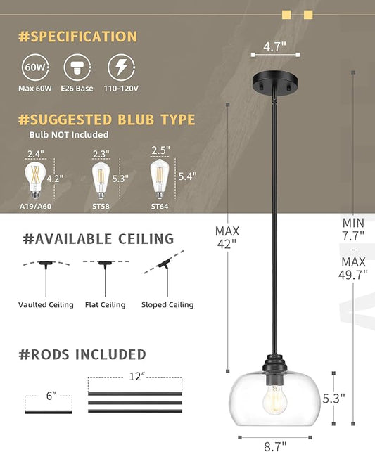 AUTELO 2 Pack Matte Black Pendant Lights, Kitchen Pendant Lights Over Island with Clear Drum Glass, Island Pendant Lights for Kitchen Dining Room Bar, H9385 BK-R-2PK